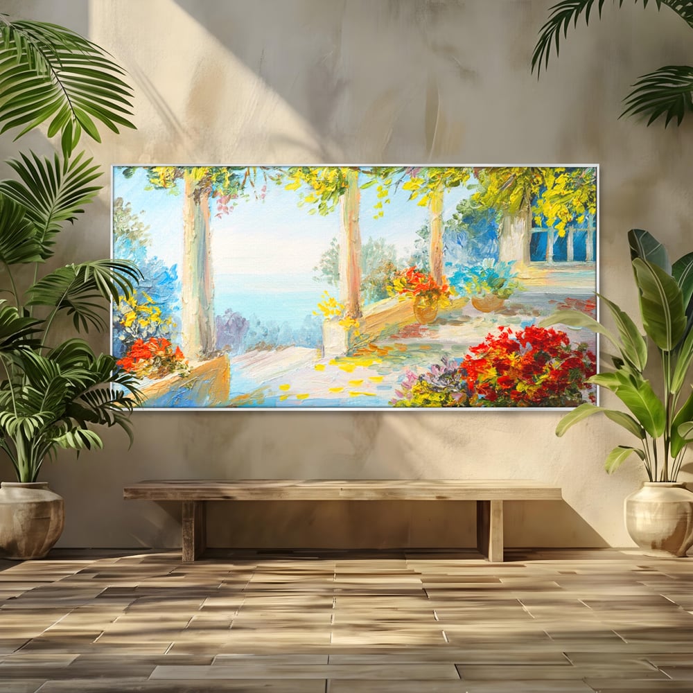 Tablou canvas cu pictura terasa insorita cu flori rosii, in rama de aluminiu argintiu